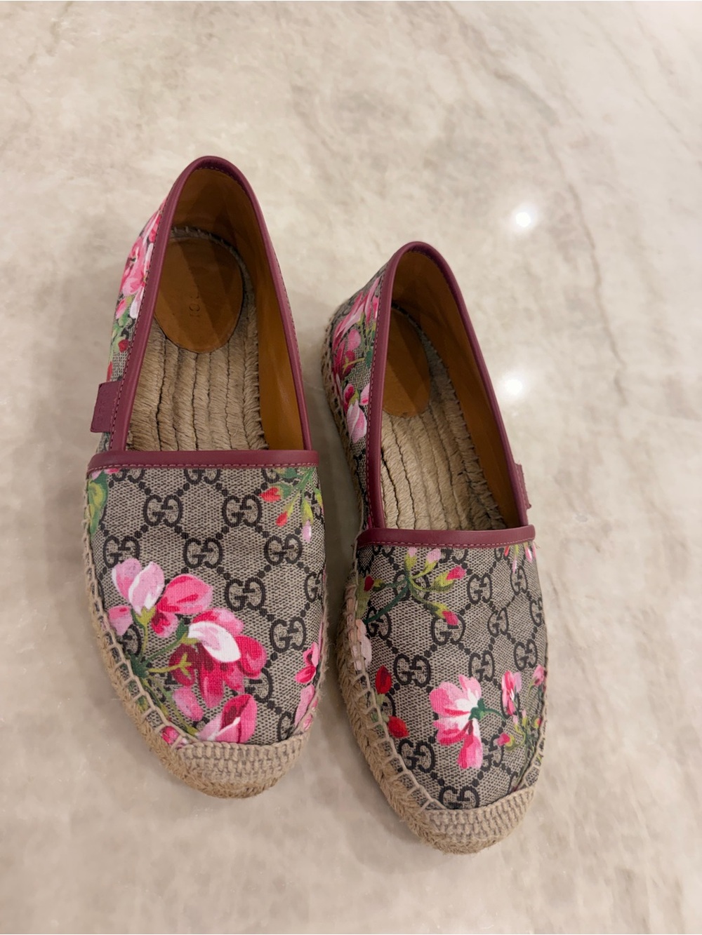 Gucci Beige GG Canvas Espadrilles with Pink Floral Embroidery